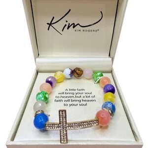 Kim Rogers Beaded Stretch Bracelet Cubic Zirconia Cross Christian Faith gift